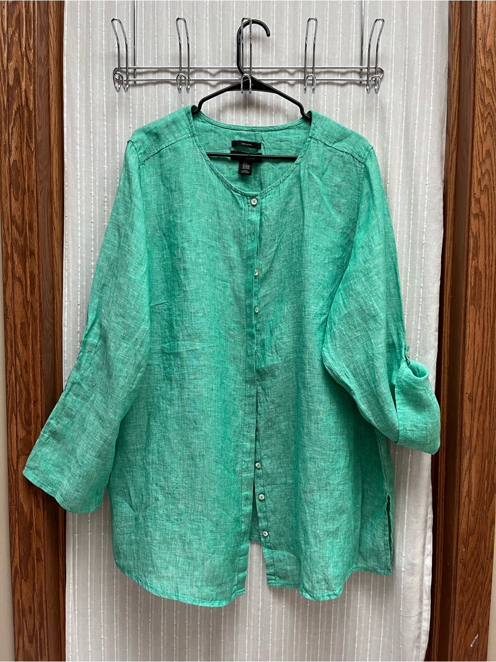 🔆Tahari 100% Linen Collarless Tunic Top Kelly Green Roll Tab Sleeve Sz 2X